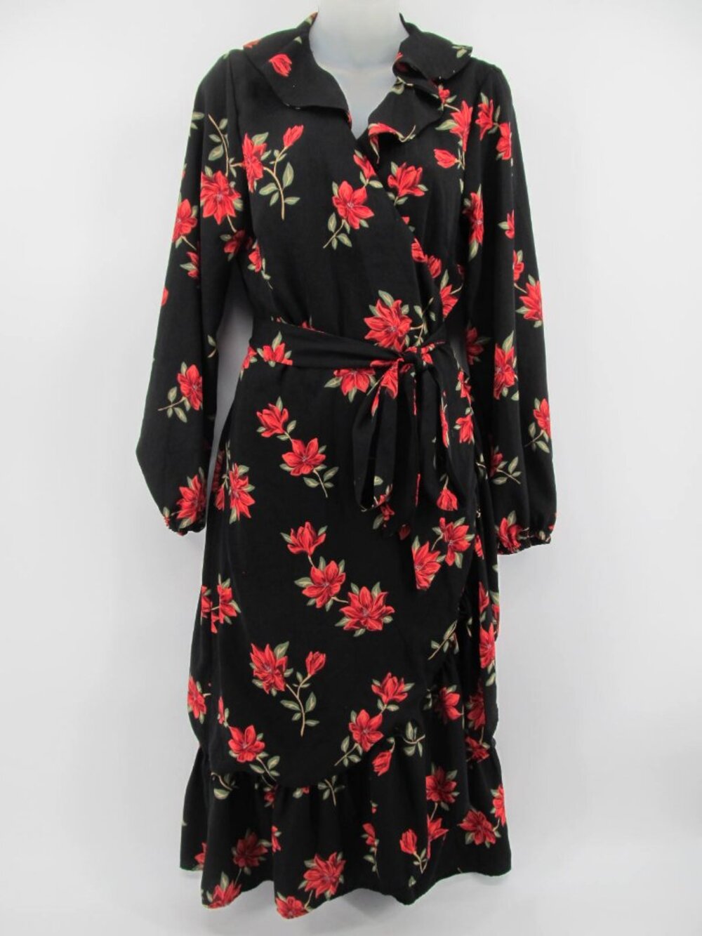 Draper James RSVP Wrap Dress M Black Red Floral Ruffle Lined Long Sleeve Midi